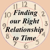 The Finding the Right Relation to Time Poster background is a veil watercolor painting of clouds parting in the middle to clear blue sky. The clock face numerals are hand drawn with text in the middle for the title.