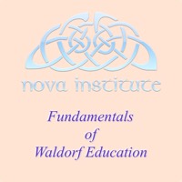 The Fundamentals of Waldorf Education 2018 poster is a pale pink background with a large pale blue Celtic knot for the Nova Institute logo. The italic titling is in royal blue.