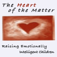 Poster for event: 'Heart of the Matter, Raising Emotionally Intelligent Children.' The top half is a pastel coloring of a carnelian heart in front of a swirl of red and white light.